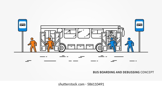 Bus boarding and debussing vector illustration. Public transport with driver and people, passengers who come in and come out bus.