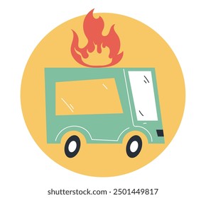 Bus burn in damage transport accident. Vector flat cartoon graphic design illustration