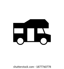 Bus, camp, camper icon, campsite car symbol in solid black flat shape glyph icon, isolated on white background