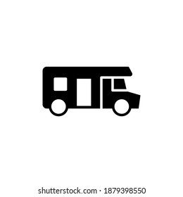 Bus, camp, camper icon, campsite car symbol in solid black flat shape glyph icon, isolated on white background