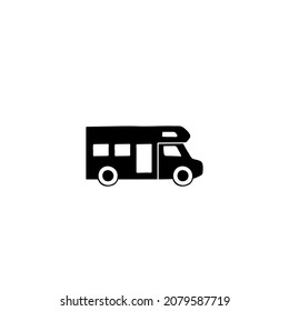 Bus, camp, camper icon, campsite car symbol in solid black flat shape glyph icon, isolated on white background 