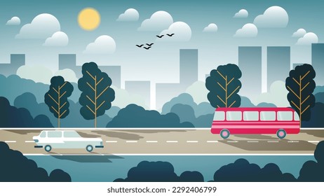 A bus and a car drive along a marked road among trees and bushes against the backdrop of urban architectural silhouettes, a sky with the sun, clouds, flying birds. Vector.