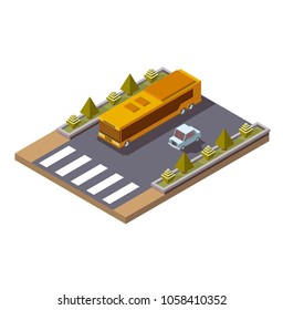 bus with car, vector isometric illustration, cityscape, public transport, city street in 3d, traffic along the route