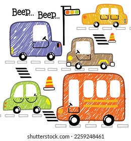 bus and cars on the road funny cartoon
