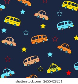 bus and cars seamless pattern vector illustration cartoon design for kids apparel fullprint fabric. This design is suitable for children's clothing textile industry