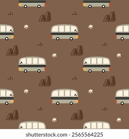 Bus cartoon so cute. On mountain flower brown background. Pattern seamless vector illustration. 