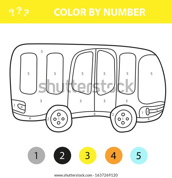 Bus in cartoon style, color by number,
education paper game for the development of children, coloring
page, kids preschool activity,
worksheet