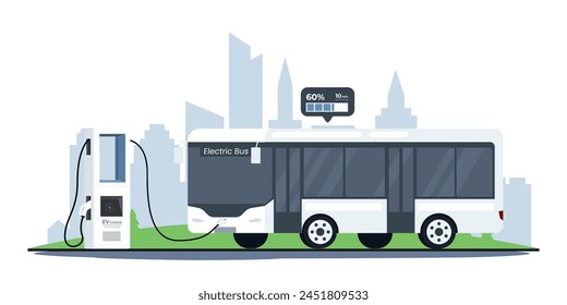 Bus cargando la energía en la estación. El concepto de transporte público eléctrico blanco en la ciudad del futuro en una estación de carga. Energía verde. ilustración plana del concepto de repostaje de automóviles