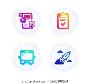 Iconos de bus, Checklist y CogWheel conjunto simple. Botón con puntos de tono medio. Signo del cohete de inicio. Transporte turístico, Encuesta, Bombilla Idea. Innovación empresarial. Conjunto tecnológico. Icono de bus plano degradado. Vector