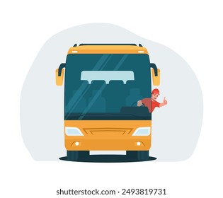 Bus with a cheerful driver at the wheel. Bus driver showing thumbs up gesture. Front view. Vector illustration.