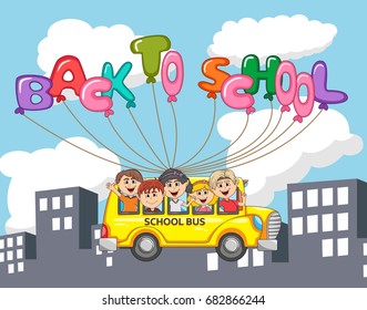 Bus and children flying with balloon letter through city building cartoon vector illustration