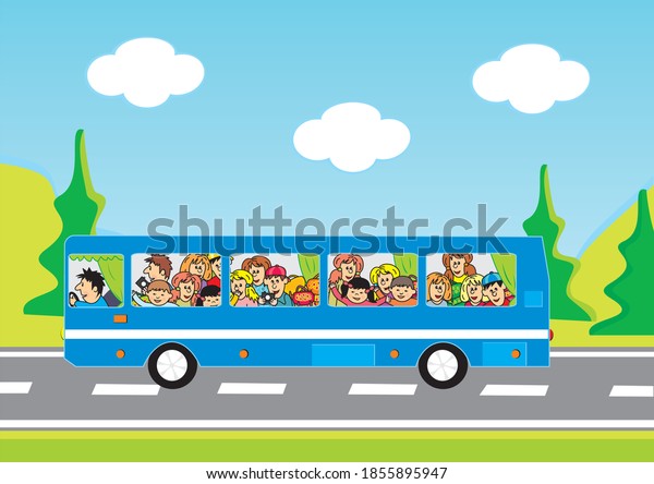 bus and children,
road trip, vector icon