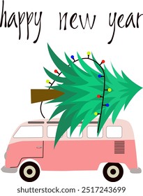 Bus with a Christmas tree with garland on the roof. Perfect for holiday greeting cards, party decorations, gift tags and seasonal crafts. Christmas Cheer celebration invitation design template. 