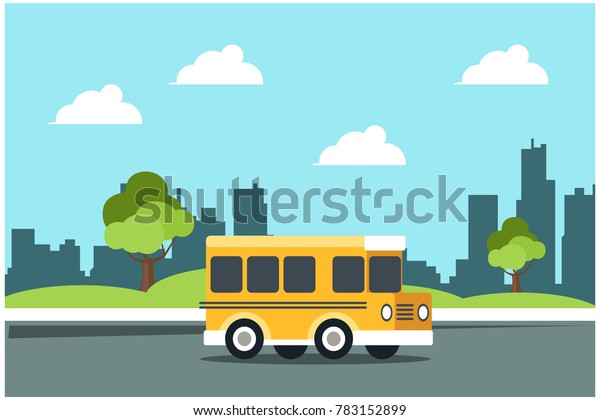 Bus\
city school flat vector illustration background\
set