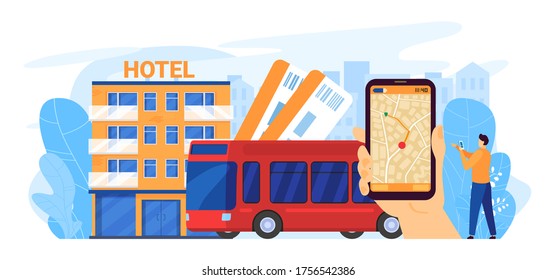 Bus city tour vector illustration. Cartoon flat traveler hand holding smartphone with autobus city plan, map mobile app, man tourist planning travel excursion route, city tourism isolated on white