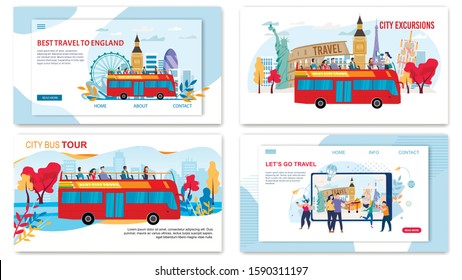 Bus City Tours, Excursionist Services for Travelers, Vacation World Trip Trendy Flat Vector Web Banners, Landing Pages Set. Tourists Going on Travel with Hop-on-Hop-Off Bus, Making Selfie Illustration