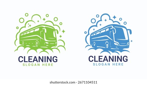 Bus Cleaning Logo Set Foam Wash and Vehicle Service Icons

