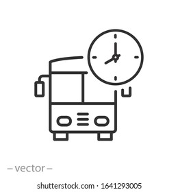 bus and clock icon, time to travel, public transport, thin line web symbol on white background - editable stroke vector illustration eps10