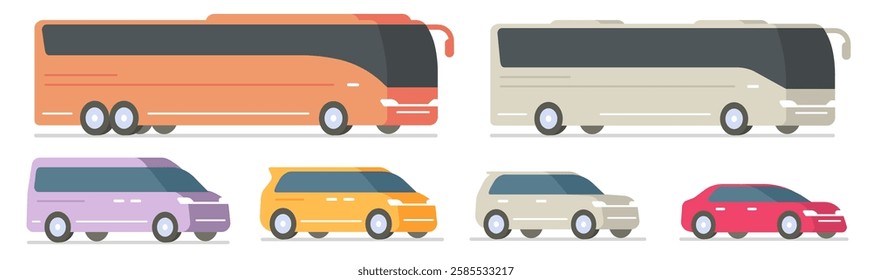 Bus coach big travel vehicle icon vector simple minimal modern graphic illustration set, travel tourist city shuttle transport automobile cars, transit minibus minivan small transportation clip art