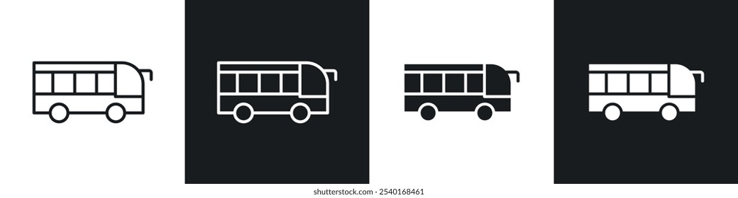 Bus coach icon set. Vector symbols in black and white colors.