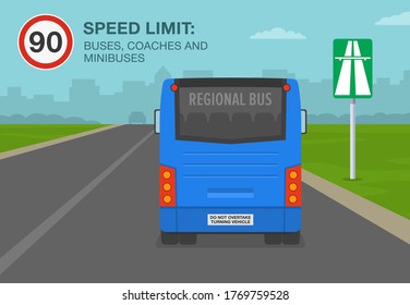 Bus, coach or minibus on a motorway, highway speed limit. Driving a car. Flat vector illustration template.