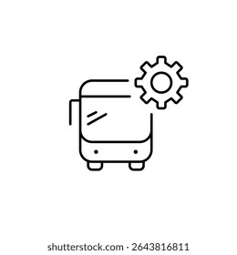 Bus and cogwheel. Transport system settings, route management, bus operations control, fleet configuration, public transit optimization. Pixel perfect, editable stroke vector icon
