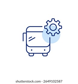 Ônibus e roda dentada. Configurações do sistema de transporte, gerenciamento de rotas, controle de operações de barramento, configuração de frotas, otimização do transporte público. Pixel perfeito, ícone de vetor de traçado editável