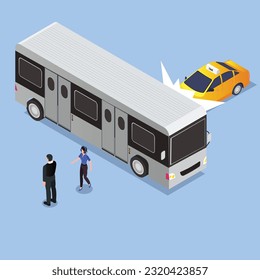 Colisión de un autobús con un concepto de taxista isométrico 3d de ilustración vectorial para banner, sitio web, ilustración, página de aterrizaje, volante, etc