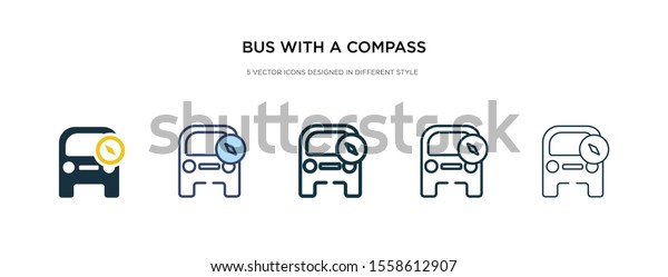 bus with a compass icon in different style vector\
illustration. two colored and black bus with a compass vector icons\
designed in filled, outline, line and stroke style can be used for\
web, mobile,