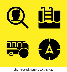 bus, compass, swimming pool and magnifying glass vector icon set. Sample icons set for web and graphic design