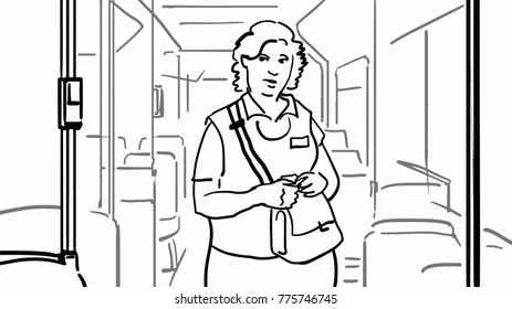 Bus conductor. Black and white vector sketch. Simple drawing.