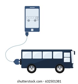 Bus connected to a cell phone through a usb cable. Outline of the bus being shown on the mobile monitor. Flat design. Isolated.