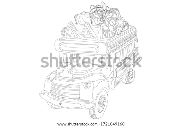 Bus\
contour hand-drawn illustration colloquially known as chicken bus.\
A chicken bus is a decorated bus that transports goods and people\
to different countries in Latin America and\
Colombia.