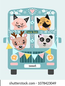 bus with cute animals isolated
