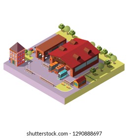 Bus Depot Building 3d Isometric Projection Vector Icon. Buses Standing In Hangars, Waiting To Go On Route Cross Section Illustration. City Public Transport Infrastructure, Cartography Design Element