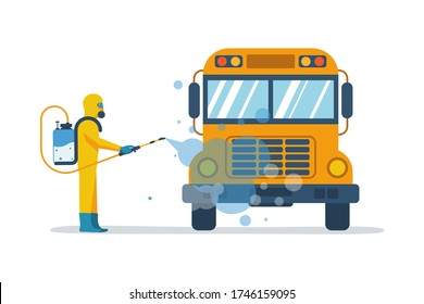 Bus disinfection. Cleaning and washing vehicle. Prevention coronavirus covid-19. Man in hazmat. Spraying from bacteria.Vector illustration flat design. Clean surfaces in car with a disinfectant spray.