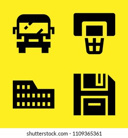 bus, diskette, basketball and coliseum vector icon set. Sample icons set for web and graphic design