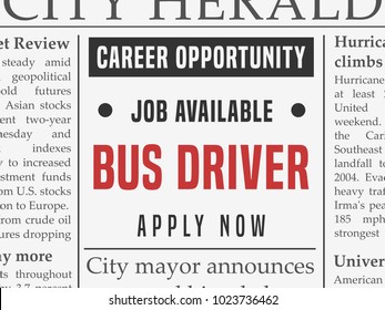 Bus Driver Career - Job Classified Ad Vector In Fake Newspaper.