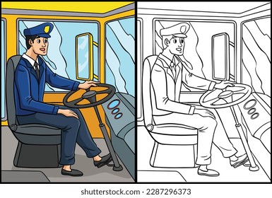 Bus Driver Coloring Page Colored Illustration