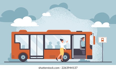 Busfahrerkonzept. Der Mensch im Fahrzeug hält vor dem Passagier, öffentlichen Stadtverkehr. Verkehr auf Autobahn, Bürger und städtische Infrastruktur. Cartoon-Flavektor-Vektorgrafik