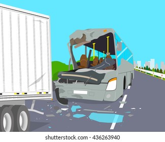 The bus driver did not have time to slow down and two car crashed on the road. Vector illustration