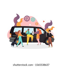 Bus, driver with key and passengers with luggage buying tickets, vector illustration. Minibus hire and driver service concept for web banner, website page etc.