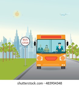 Bus with bus driver and passenger inside, standing on bus stop, city view on background, transportation flat style vector illustration.