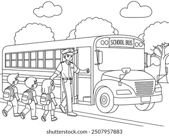 Bus Driver Picking Up Children Outline Coloring Page. Labor Day Hand Drawn Clip art