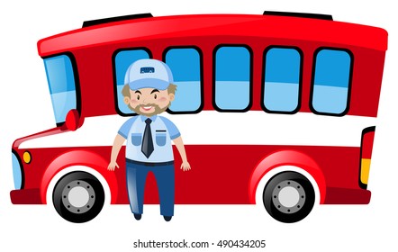 Bus driver and red bus illustration