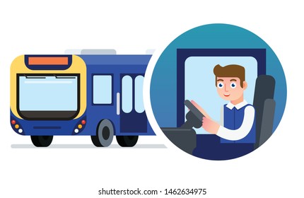 Bus driver sitting in the driver cab and driving a passenger bus