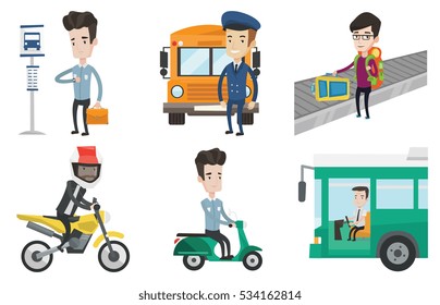 Bus driver sitting at steering wheel. Man driving passenger bus. School bus driver waving. Man picking up luggage on conveyor belt. Set of vector flat design illustrations isolated on white background