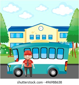 Bus driver standing by blue bus illustration