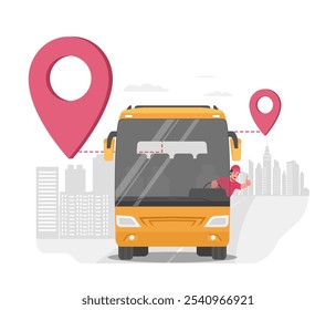 Bus with a driver travels along an intercity route. Vector illustration.