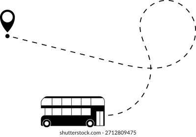 Autobús que conduce en la ruta punteada con el mapa pin. Un autobús y una línea punteada. Ruta de línea discontinua. Rutas de navegación de viaje con ruta de línea de salpicadero, pines de ubicación y autobús. Icono de autobús con el punto de inicio de línea establecido. conducción
